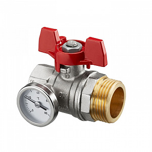 Кран шаровой Oventrop DN 20 G3/4 ВР х G1 НР плоское уплотнение с термометром красный маховик
